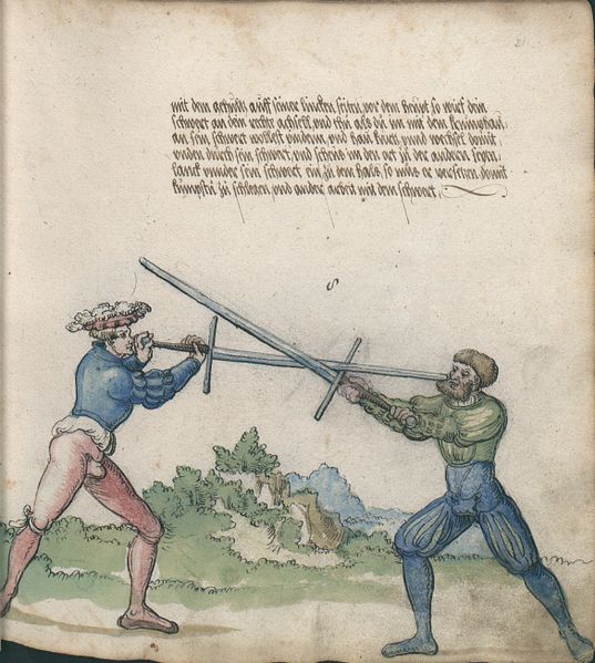 HEMA Fechtbuch Seite aus dem Goliath Manuskript. Zeigt zwei Schwertkämpfer in mittelalterlicher Kleidung.