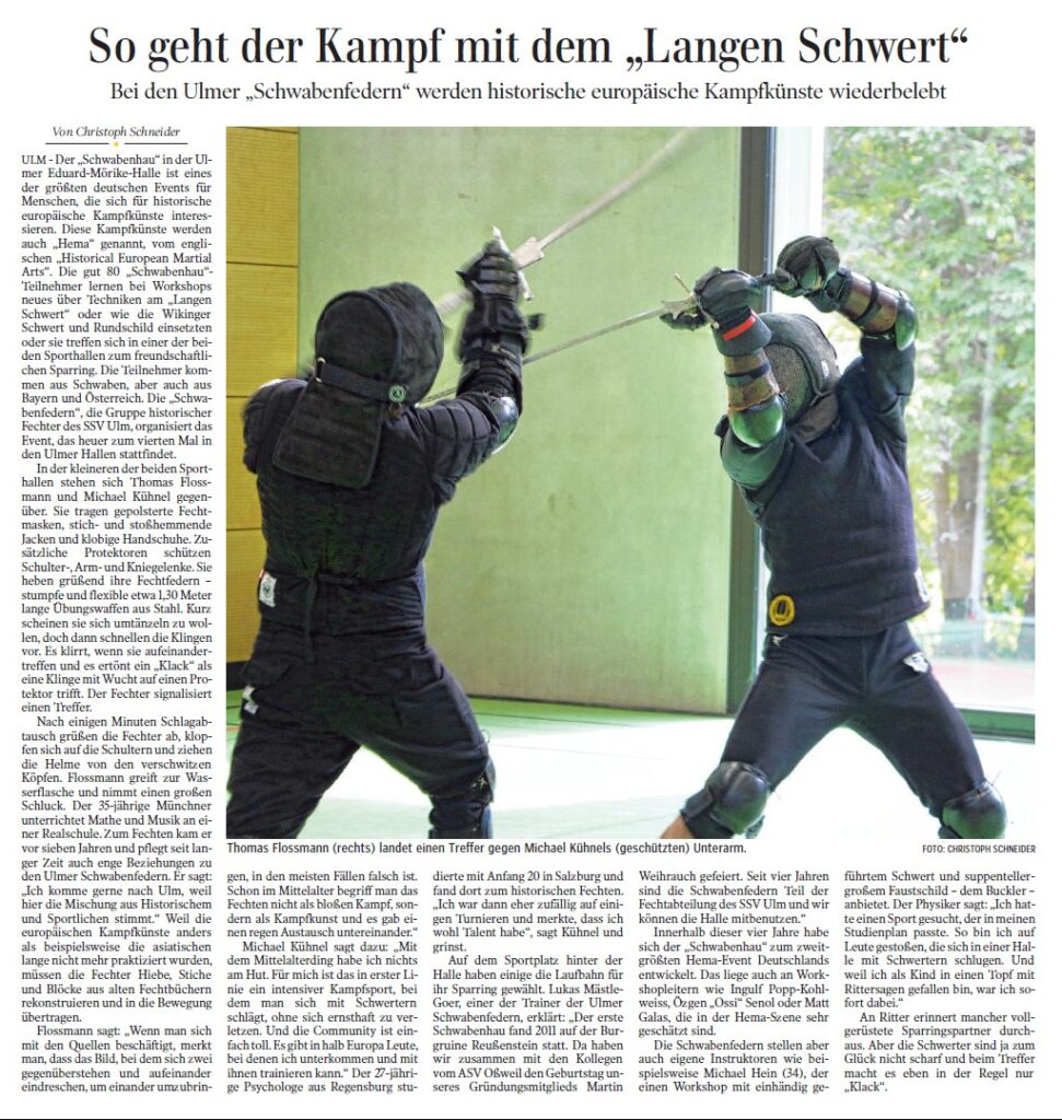 Pressebericht der Schwäbischen Zeitung über den Kampf mit dem Langen Schwert bei den Schwabenfedern von 2019.